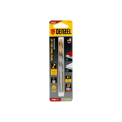 Сверло спиральное по металлу Denzel 8 x 117мм, Р6М5, Golden Tip