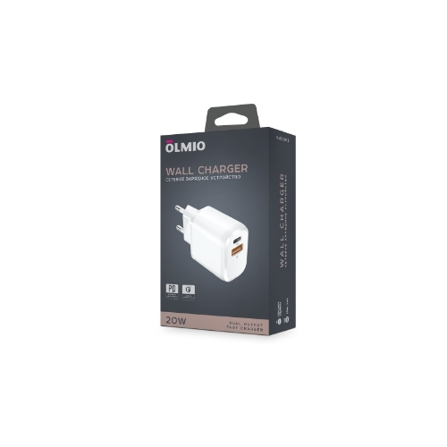 Сетевое зарядное устройство OLMIO Type-C+USB, 20W, 3A, QuickCharge3.0, PowerDelivery, белое