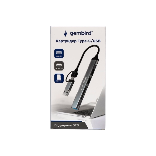 Кард-ридер Type-C/USB-A (3.1) Gembird 5в1: 2xUSB 2.0, USB3.1, SD/TF, кабель 10 см, алюминий