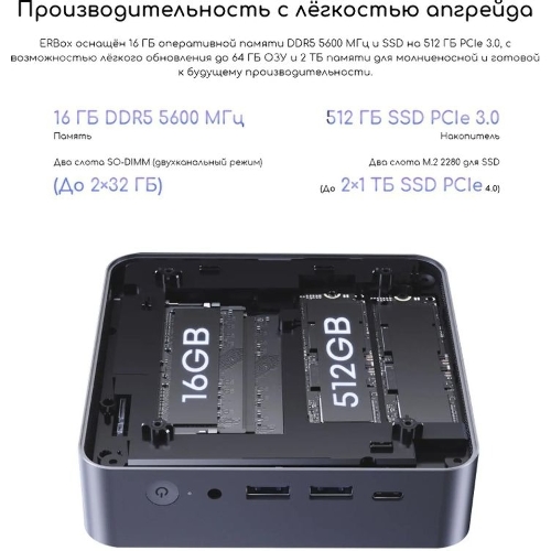 Неттоп Acer Gadget E10 ERBox Ryzen 7 8745HS (3.8) 16Gb SSD512Gb UHDG Windows 11 Pro 2xGbitEth WiFi BT 120W черный (1747236)