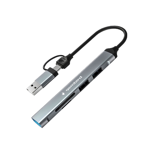 Кард-ридер Type-C/USB-A (3.1) Gembird 5в1: 2xUSB 2.0, USB3.1, SD/TF, кабель 10 см, алюминий