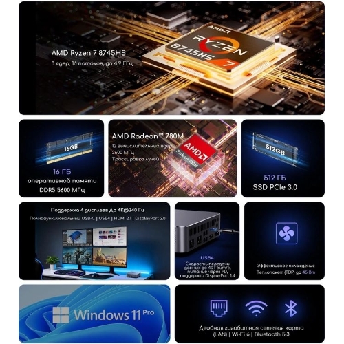 Неттоп Acer Gadget E10 ERBox Ryzen 7 8745HS (3.8) 16Gb SSD512Gb UHDG Windows 11 Pro 2xGbitEth WiFi BT 120W черный (1747236)