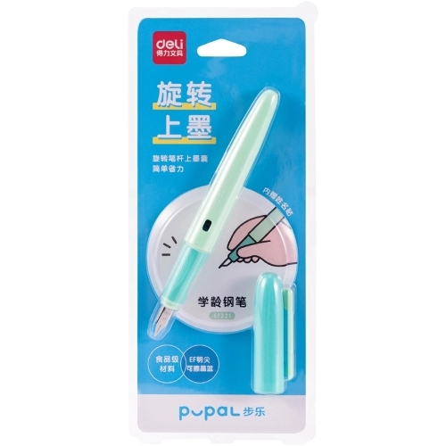 Ручка перьевая Deli Pupal SF321GREEN, зеленый, EF, синие чернила, блистер, резиновая манжета, стираемая
