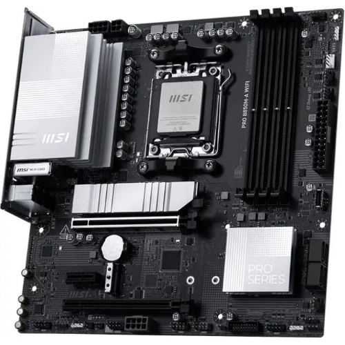 Материнская плата MSI PRO B850M-A WIFI, AM5, AMD B850, 4xDDR5, 4xSATA, 2xM.2, 1xPCIe 5.0 x16, 1xPCIe 4.0 x4, 1xPCIe 3.0 x1, 1xHDMI (v2.1), 1xDP (v1.4), 1x5Gb LAN, Wi-Fi 7, Bluetooth 5.4, 2xUSB-C 10Gbps, 3xUSB-A 10Gbps, 3xUSB-A 5Gbps, 2x3.5 мм, 7.1, mATX