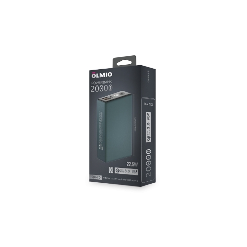 Портативный аккумулятор OLMIO QX-20, 20000mAh, 22.5W, QuickCharge3.0/PowerDelivery, LCD, темно-зеленый