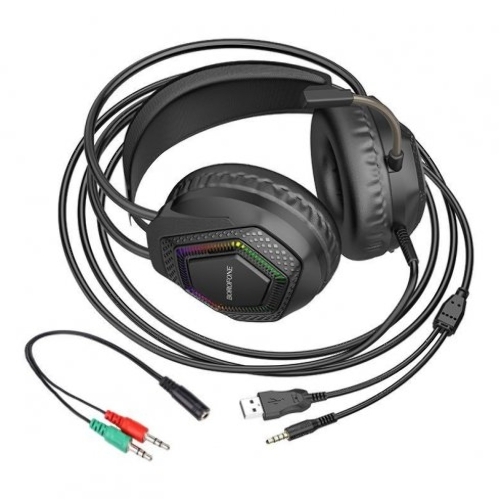 Проводные наушники Borofone BO105 Thunder черный, полноразмерные, RGB-подсветка