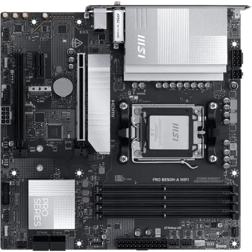 Материнская плата MSI PRO B850M-A WIFI, AM5, AMD B850, 4xDDR5, 4xSATA, 2xM.2, 1xPCIe 5.0 x16, 1xPCIe 4.0 x4, 1xPCIe 3.0 x1, 1xHDMI (v2.1), 1xDP (v1.4), 1x5Gb LAN, Wi-Fi 7, Bluetooth 5.4, 2xUSB-C 10Gbps, 3xUSB-A 10Gbps, 3xUSB-A 5Gbps, 2x3.5 мм, 7.1, mATX