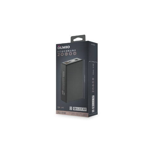 Портативный аккумулятор OLMIO QX-20, 20000mAh, 22.5W, QuickCharge3.0/PowerDelivery, LCD, графитовый