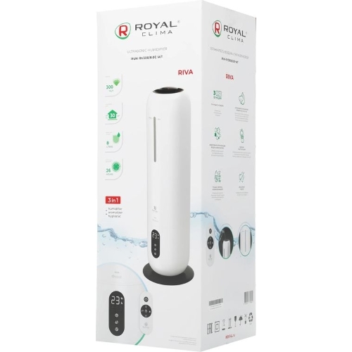 Увлажнитель воздуха Royal Clima RIVA RUH-RV300/8.0E-WT белый, 30 м², 8 л, ультразвуковой, гигростат, ароматизация, пульт ДУ, ночной режим, верхний залив воды