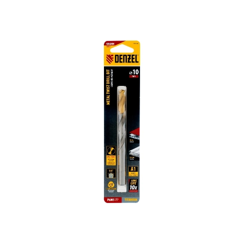 Сверло спиральное по металлу Denzel 10 x 133 мм, Р6М5, Golden Tip