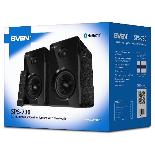 Акустическая система SVEN SPS-730 2.0 черные (2x25Вт, экокожа, USB/SD, пульт ДУ, Bluetooth)