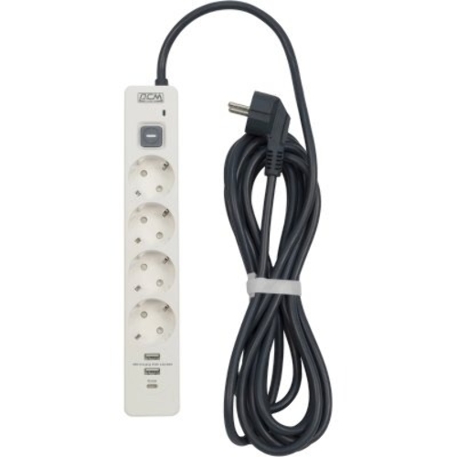 Сетевой фильтр Powercom SP-01 USB2A1CW 3,0М 3.0 м, 4 розетки, белый/серый, коробка