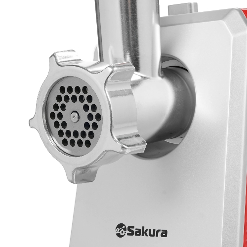 Мясорубка электрическая Sakura SA-6424R красный, 2000 Вт, 3.5 кг/мин, реверс, защита от перегрузки, металлический лоток, насадки - 4