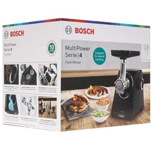 Мясорубка электрическая Bosch MFWS440B черный, 1900 Вт, 2.5 кг/мин, реверс, защита от перегрузки, насадки - 7