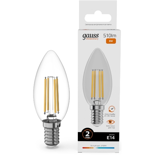 Лампа филам. Gauss Filament 8Вт цок.:E14 свеча св.свеч.бел.теп. (упак.:10шт) (32118)