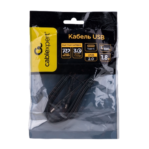 Кабель USB2.0 Cablexpert CC-USB2-CMCM-100-1.8M, Type-C/Type-C, 5A, 100Вт, PD/QC3.0, медь, 1.8м, черный, пакет
