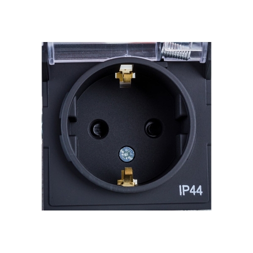 Механизм розетки 1-м СП AtlasDesign Aqua 16А IP44 с заземл. защ. шторки с прозрачной крышкой карбон SchE ATN441046