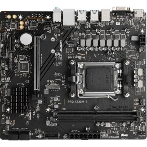 Материнская плата MSI PRO A620M-B, AM5, AMD A620, 2xDDR5, 4xSATA, 1xM.2 (PCIe 4.0 x4), 1xPCIe 4.0 x16, 1xPCIe 3.0 x1, 1xHDMI, 1xVGA, 1x2.5Gb LAN, 6xUSB-A 5Gbps, 6xUSB-A 2.0, 3x3.5 мм, 7.1, mATX