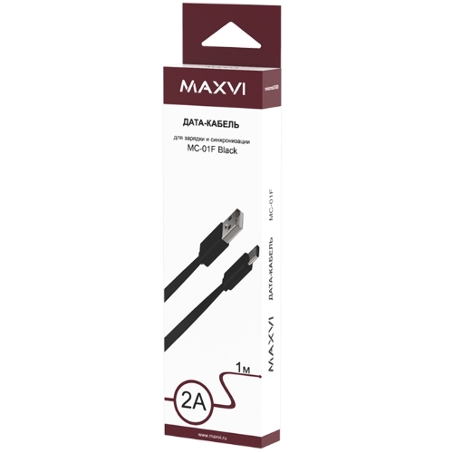 Кабель Maxvi MC-01F black USB-A - microUSB, 2A Плоский кабель, ток макс. нагрузки 2А, макс. напряжение 5V; стандарт USB 2.0; длина 1м, материал PVC, черный