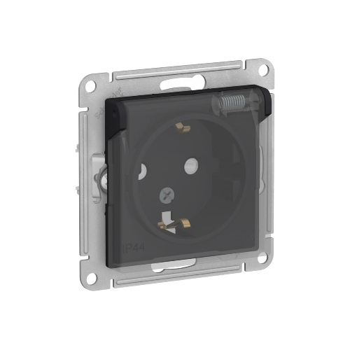 Механизм розетки 1-м СП AtlasDesign Aqua 16А IP44 с заземл. защ. шторки с прозрачной крышкой карбон SchE ATN441046