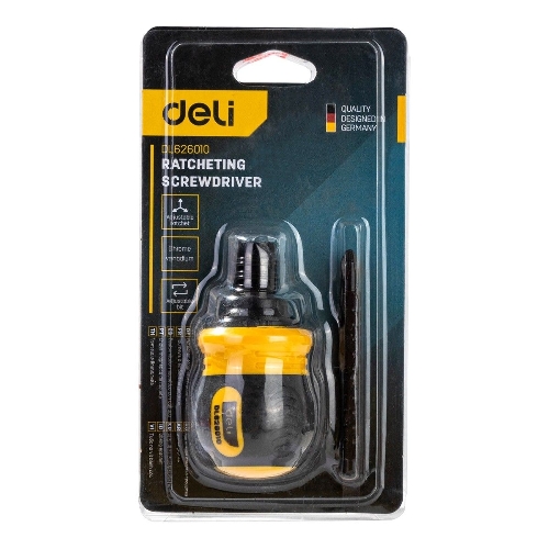 Двухсторонняя отвертка с трещеткой Deli DL626010 PH2+SL6x85мм 6/PH2x85мм. Материал биты: Cr-V. Общая длина: 95-140 мм. Диаметр хвостовика: 6,3 мм.