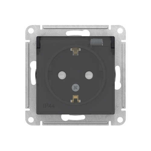 Механизм розетки 1-м СП AtlasDesign Aqua 16А IP44 с заземл. защ. шторки с прозрачной крышкой карбон SchE ATN441046