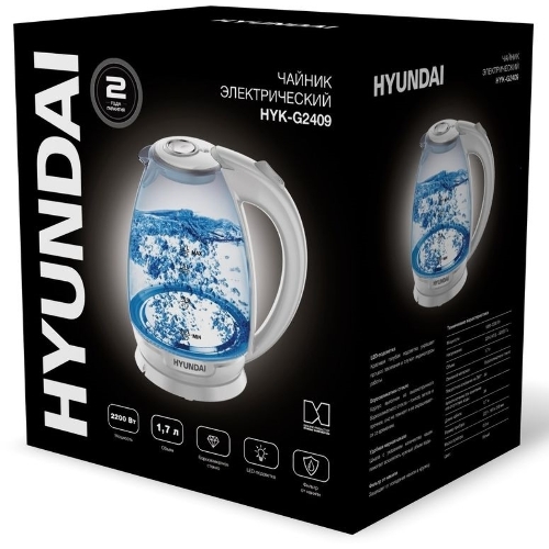Чайник электрический Hyundai HYK-G2409 1.7 л, 2200 Вт, белый/серебристый (корпус: стекло)