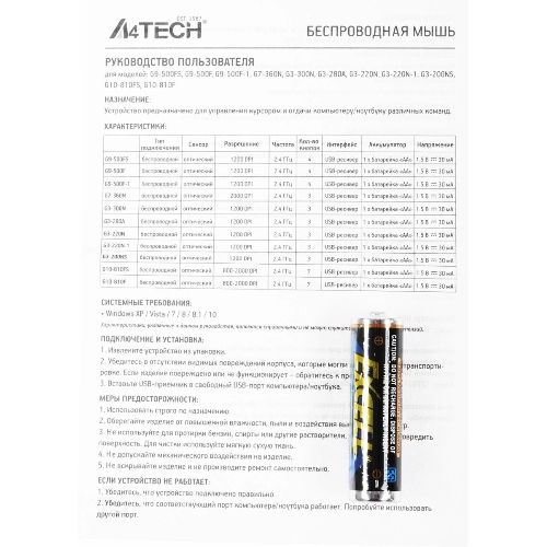 Мышь беспроводная A4Tech G9-500FS черный, 1200 dpi, радиоканал, USB, кнопки - 4