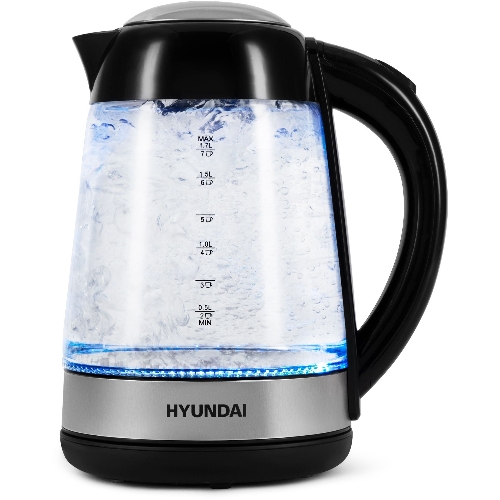 Чайник электрический Hyundai HYK-G3803 1.7 л, 2200 Вт, черный/серебристый (корпус: стекло)