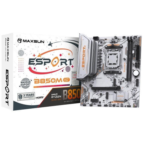 Материнская плата Maxsun MS-eSport B850M WIFI ICE, AM5, AMD B850, 2xDDR5, 2xSATA, 2xM.2, 1xPCIe 5.0 x16, 1xPCIe 3.0 x1, 1xHDMI 1.4, 1xDP, 1xRJ45, Wi-Fi 6, Bluetooth 5.2, 4xUSB-A 5Gbps, 2xUSB-A 2.0, 3x3.5 мм, 7.1, mATX