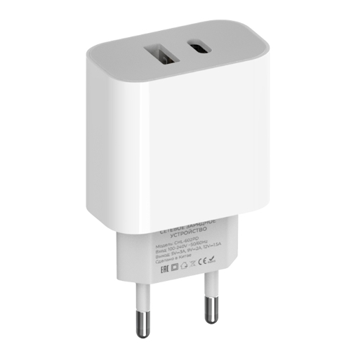 Сетевое зарядное устройство Maxvi CHL-602PD 30W, 6A, QC 3.0, 1xUSB-A, 1xUSB-C, белый