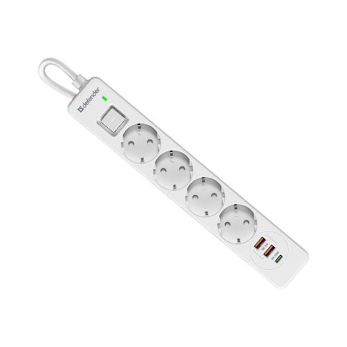 Удлинитель с сетевым фильтром Defender DFS 141, белый, 4розетки, USB+TypeC, 1.5 м.