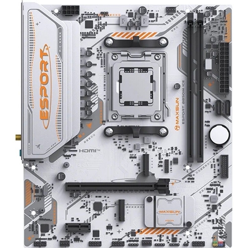 Материнская плата Maxsun MS-eSport B850M WIFI ICE, AM5, AMD B850, 2xDDR5, 2xSATA, 2xM.2, 1xPCIe 5.0 x16, 1xPCIe 3.0 x1, 1xHDMI 1.4, 1xDP, 1xRJ45, Wi-Fi 6, Bluetooth 5.2, 4xUSB-A 5Gbps, 2xUSB-A 2.0, 3x3.5 мм, 7.1, mATX