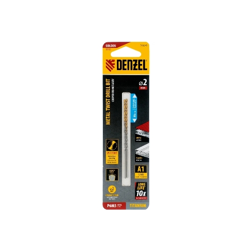 Сверло спиральное по металлу Denzel 2 х 86 мм Р6М5, Golden Tip, удлиненное, 2 шт.