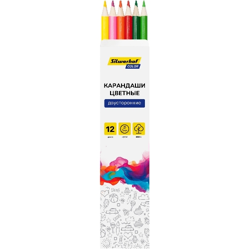 Карандаши цветные Silwerhof Color двухцветные 2.8м м, круглый профиль, дерево, ассорти, 12 цветов, коробка с европодвесом (6 шт)