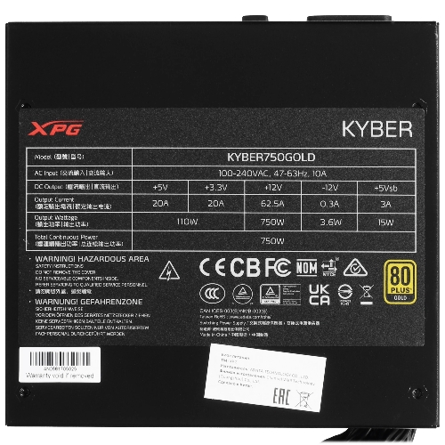 Блок питания ADATA XPG KYBER 750 (KYBER750G-BKCEU), 750Вт, 80 PLUS Gold, 120мм, черный