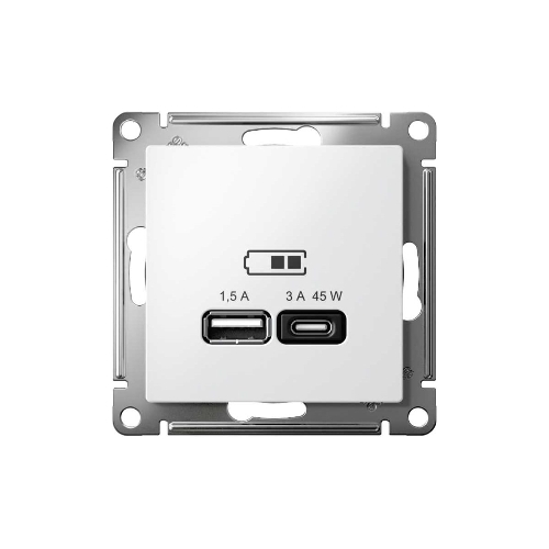 Розетка USB AtlasDesign тип A+C 45Вт QC PD высокоскор. ЗУ механизм бел. SE ATN000129
