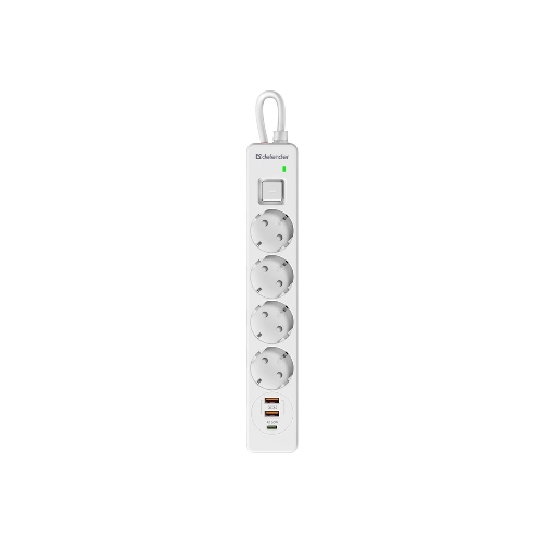 Удлинитель с сетевым фильтром Defender DFS 143, белый, 4розетки, USB+TypeC, 3 м.