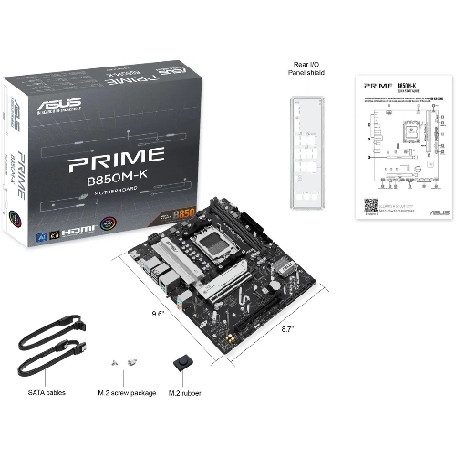 Материнская плата ASUS PRIME B850M-K, AM5, AMD B850, 2xDDR5, 4xSATA, 2xM.2, 1xPCIe 5.0 x16, 1xPCIe 4.0 x8, 1xDP (v1.4), 1xHDMI (v2.1), 1x2.5Gb LAN, 2xUSB-A 10Gbps, 2xUSB-A 5Gbps, 4xUSB-A 2.0, 3x3.5 мм, 7.1, mATX