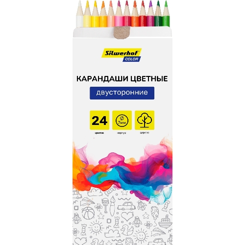 Карандаши цветные Silwerhof Color, двухцветные, 2.8мм, круглый профиль, дерево, ассорти, 24 цвета, коробка с европодвесом (12шт)