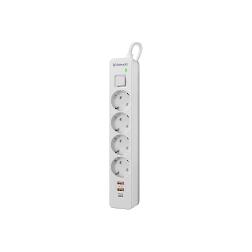 Удлинитель с сетевым фильтром Defender DFS 143, белый, 4розетки, USB+TypeC, 3 м.