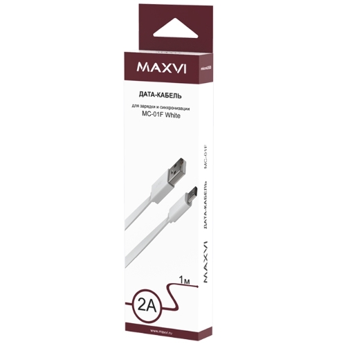 Кабель Maxvi MC-01F white USB-A - microUSB, 2A Плоский кабель, ток макс. нагрузки 2А, макс. напряжение 5V; стандарт USB 2.0; длина 1м, материал PVC, белый