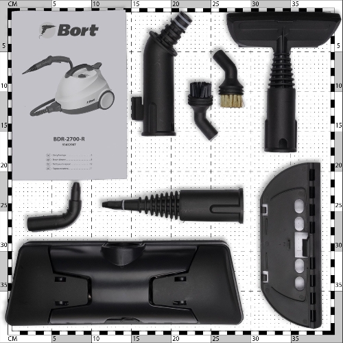 Пароочиститель Bort BDR-2700-R, 2200 Вт; 4 бар; Постоянная подача пара 45 г/мин; Температура пара 143 °С; Емкость бачка 1200 мл; Объем бойлера 1,5 л; Время нагревания 360 с; Время непрерывной работы 35 мин; Длина шланга 2 м; Длина шнура питания 3 м; Размер 400x285x260 мм; Напряжение 220 В; Частота тока 50 Гц; Вес изделия 7,5 кг; Пароочиститель; Конструкция Напольный; Материал Корпуса Пластик; Съемный резервуар для воды;;;; автовыключение; Защита от перегрева; индикация низкого уровня воды;;; Вес брутто=5,5 (Вес нетто=5) кг; 55 x 35 x 36; набор аксессуаров 14 шт; Индикатор нагрева, Электронная система контроля уровня воды, Быстрый нагрев, Блокировка выключателя во включенном состоянии, Набор насадок в комплекте, Возможность долива воды; гарантия 2 г 93412987