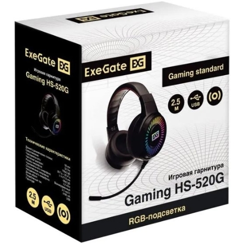 Гарнитура проводная полноразмерная игровая с микрофоном (гарнитура) ExeGate Gaming HS-520G (USB, 2x3.5мм, динамик 40мм, 20-20000Гц, длина кабеля 2.5м, регулировка громкости, RGb подсветка)