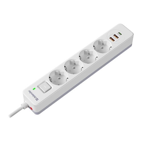 Удлинитель с сетевым фильтром Defender DFS 143, белый, 4розетки, USB+TypeC, 3 м.