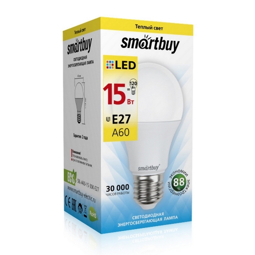 Светодиодная (LED) лампа Smartbuy A60-15W/3000/E27