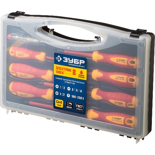 Набор: Отвертки SL 3, 5, 6 / PH 1, 2 / PZ 1, 2, тестер 100-250 В, ЗУБР "ПРОФЕССИОНАЛ" 25268, в кейсе, 8 предметов